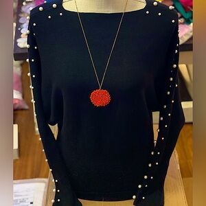 🆕🌿🖤ON BLUE: Stretchy Ribbed Sweater Top with Pearl Accents MEDIUM